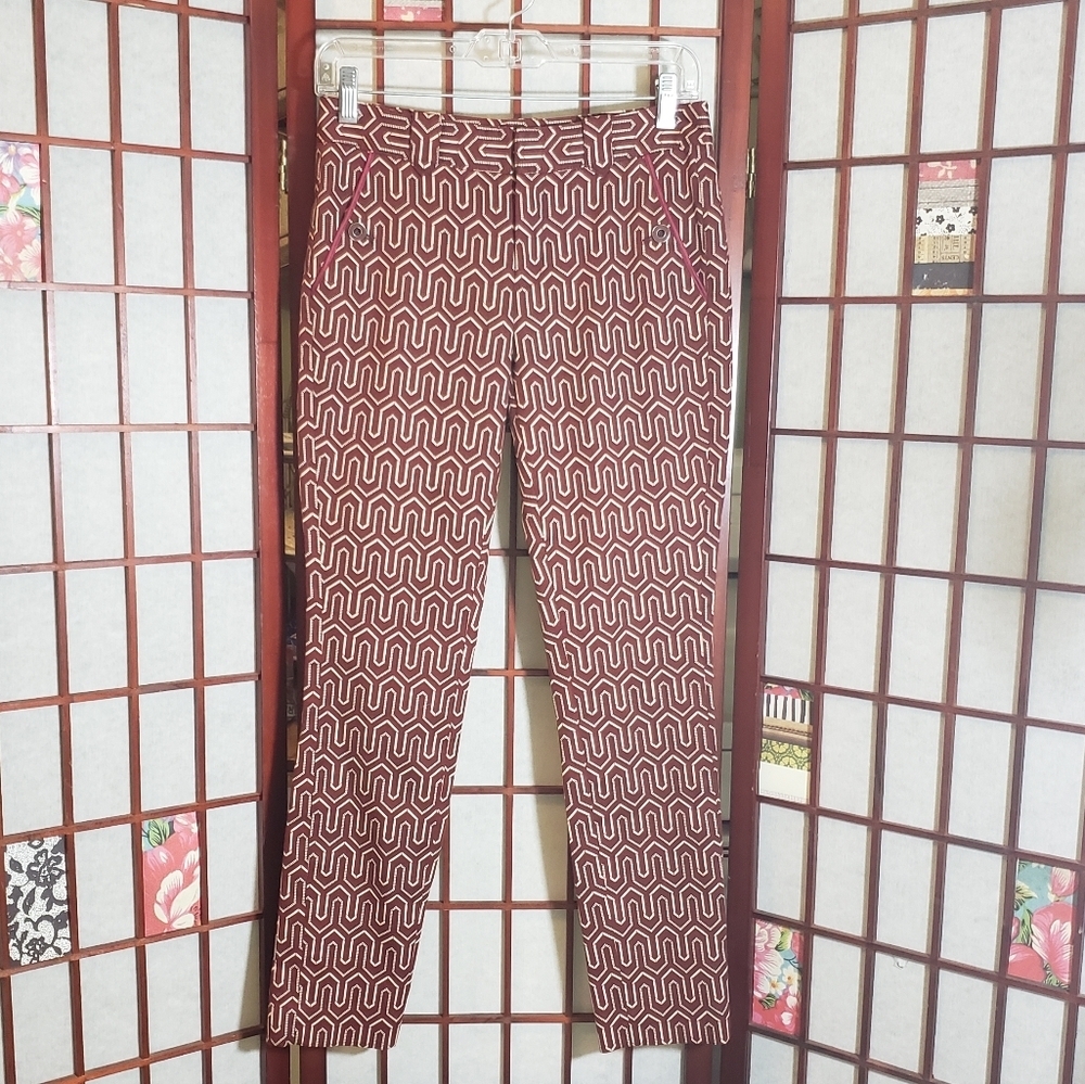Anthropologie Geometric Print Trousers in Rust and Cream